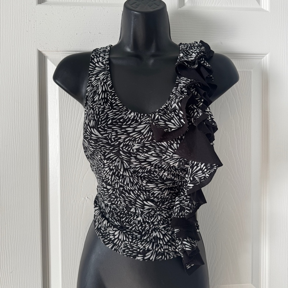 Elle Dressy Tank Blouse Ruffle Women's XS Gray Black Geometric Print Lined